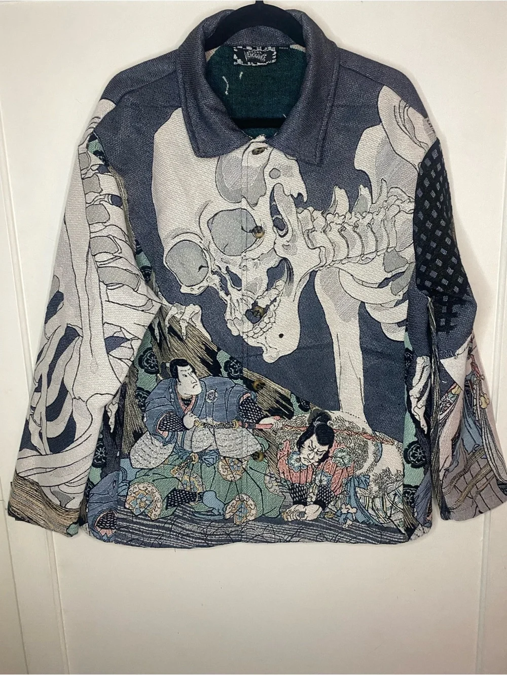 rebels Teal and Gray Skeleton Asian inspired Graphic Zip Jacket